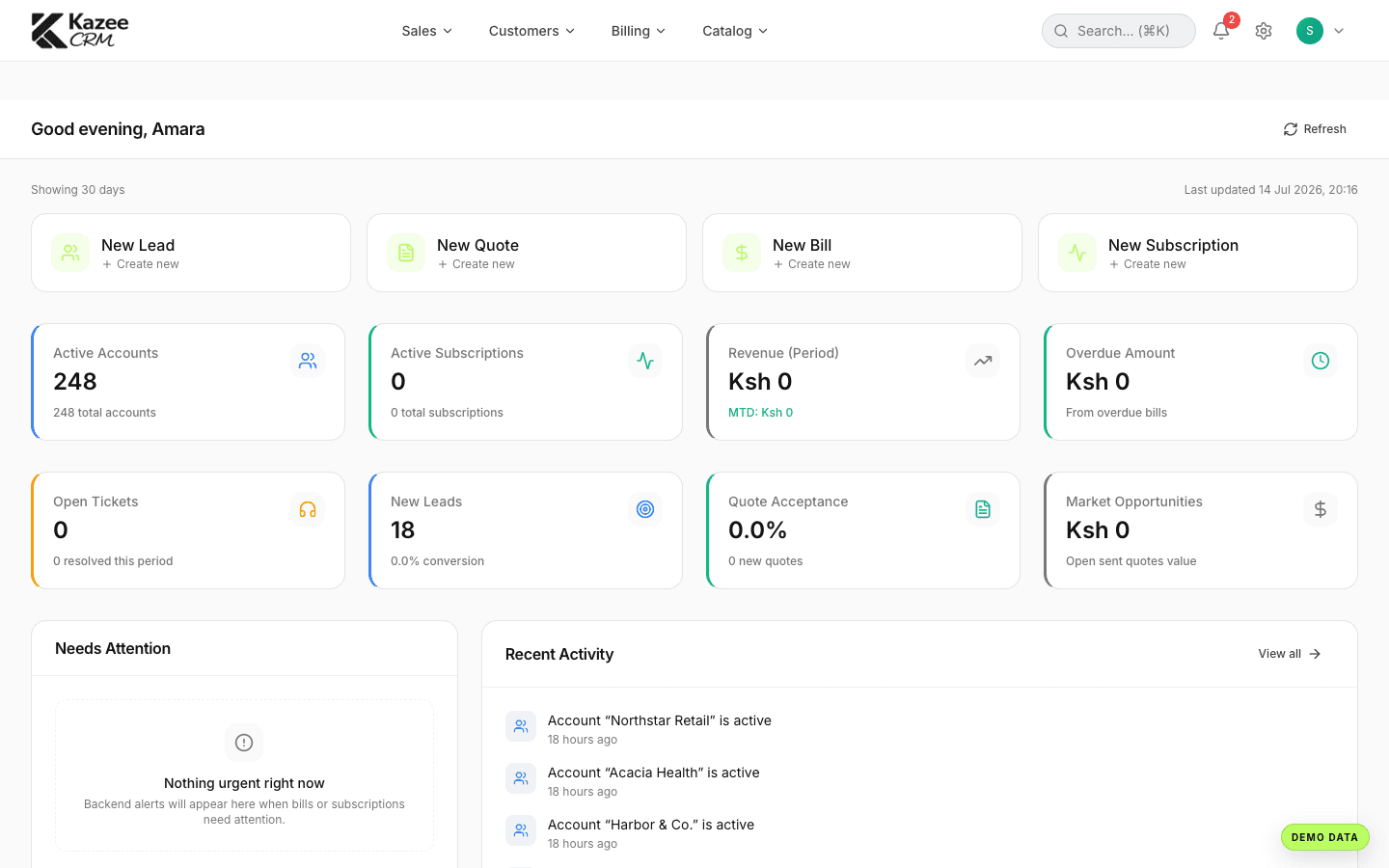 Kazee CRM interface using synthetic demo data
